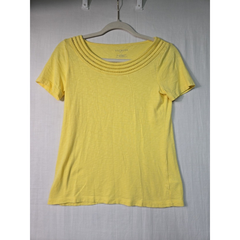 Talbots Blouse Top Women's Petite Yellow Short Sleeve Crochet Neckline‎ Modal